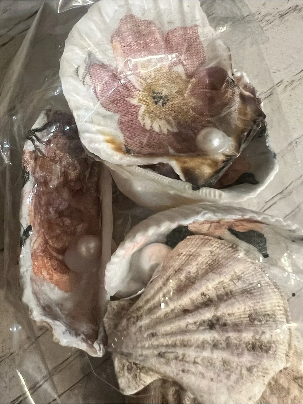 Bag of Small Decoupaged Decorative Seashells with Floral Patterns